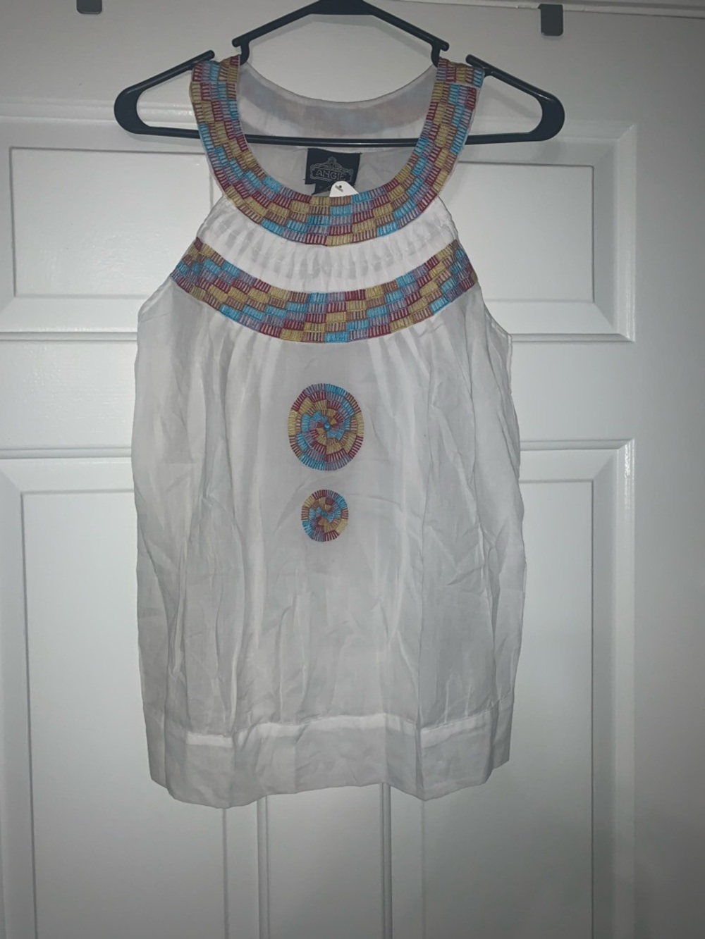 White Halter Tank with Multicolor Embroidery